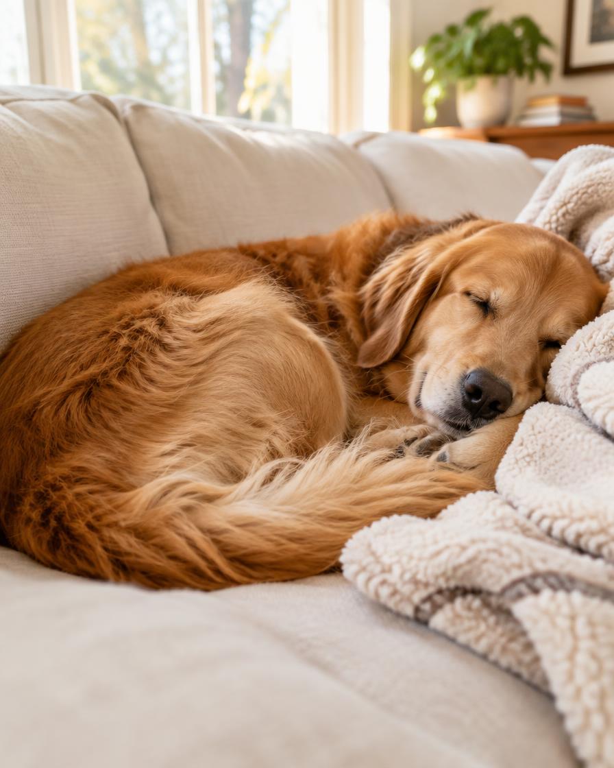 Golden retriever napping on a cozy sofa