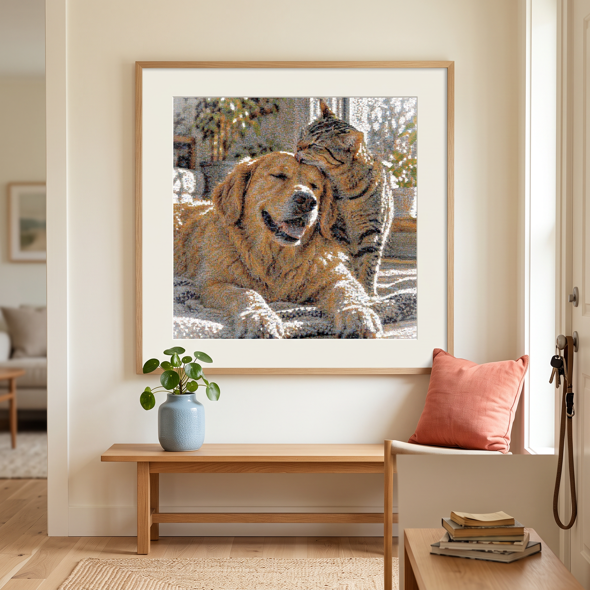 The finished square pet mosaic framed on the wall of a warm, welcoming room